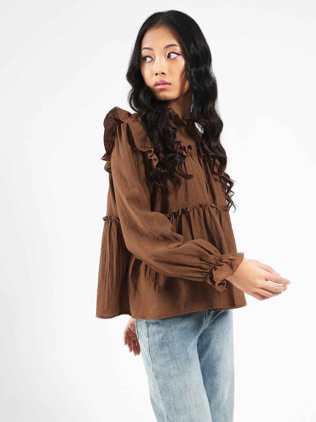 Dark Brown Ruffled Tiered Long Sleeve Flowy Top