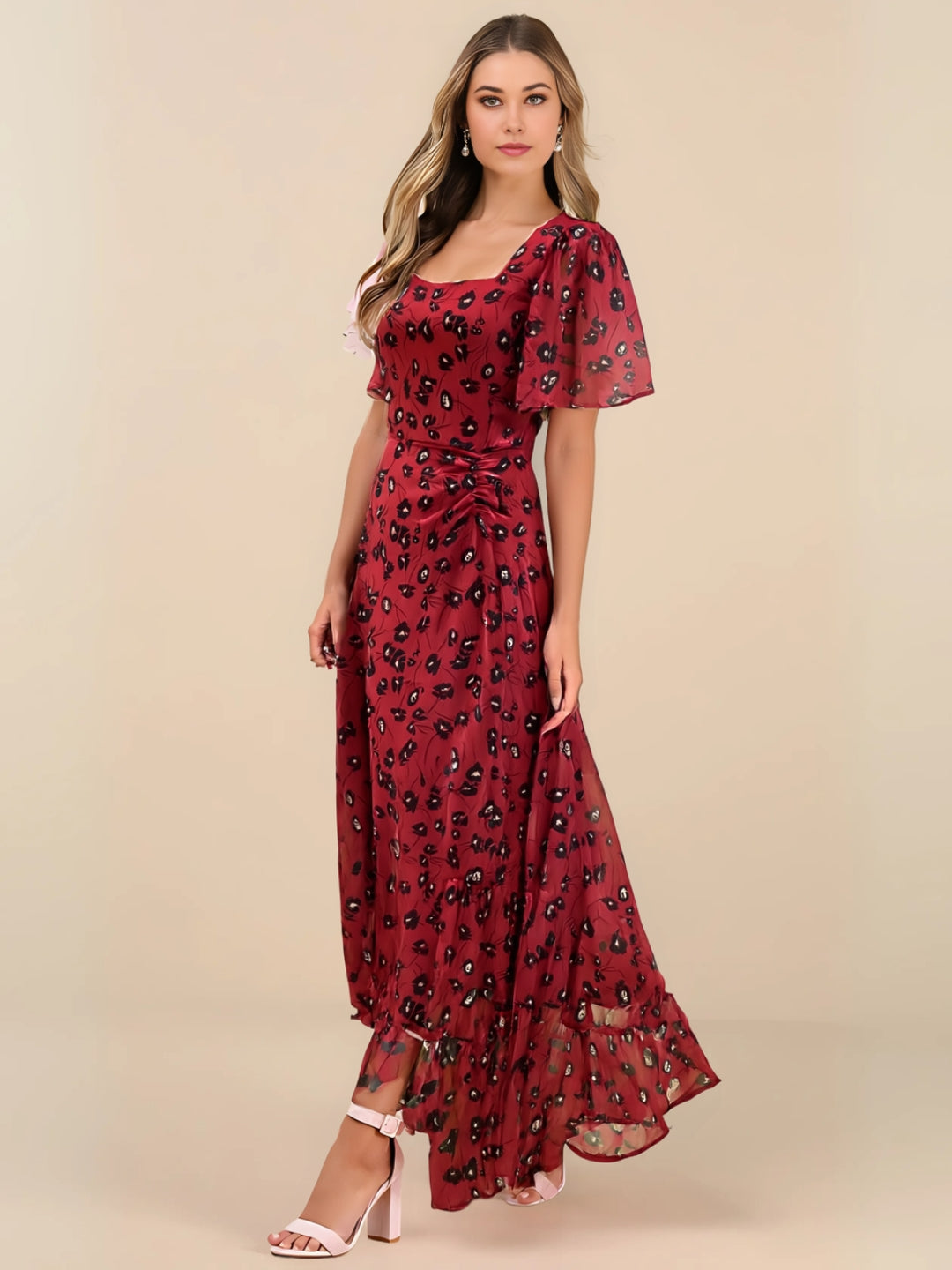 Crimson Crush Chiffon Midi Dress