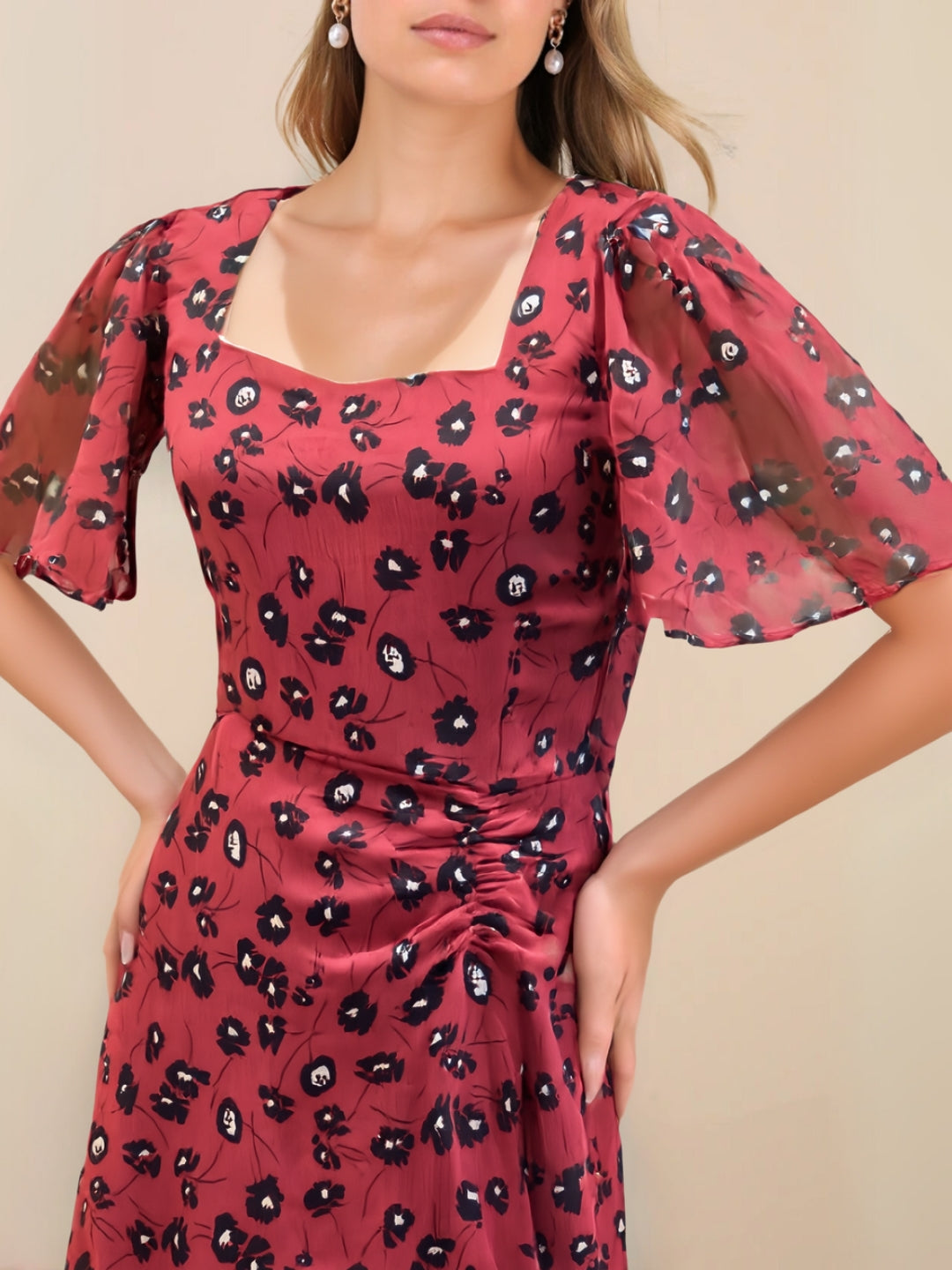 Crimson Crush Chiffon Midi Dress