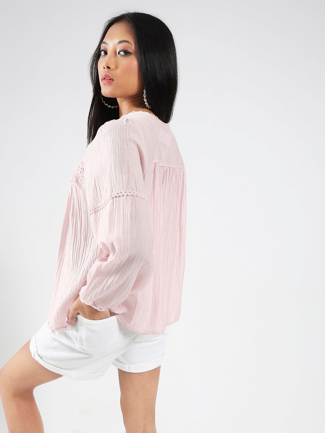 Pink Boho Chic Top with Lace and Tassel Tie up