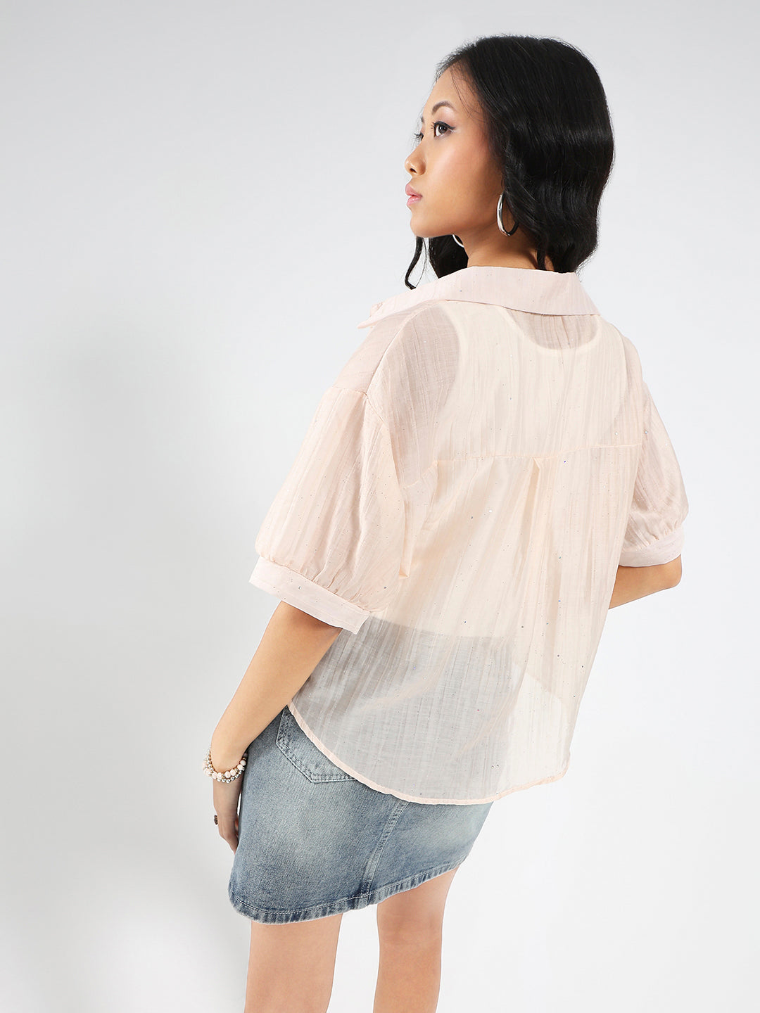 Tencel Nylon Studded Oversized Shirt with tank top and necklace