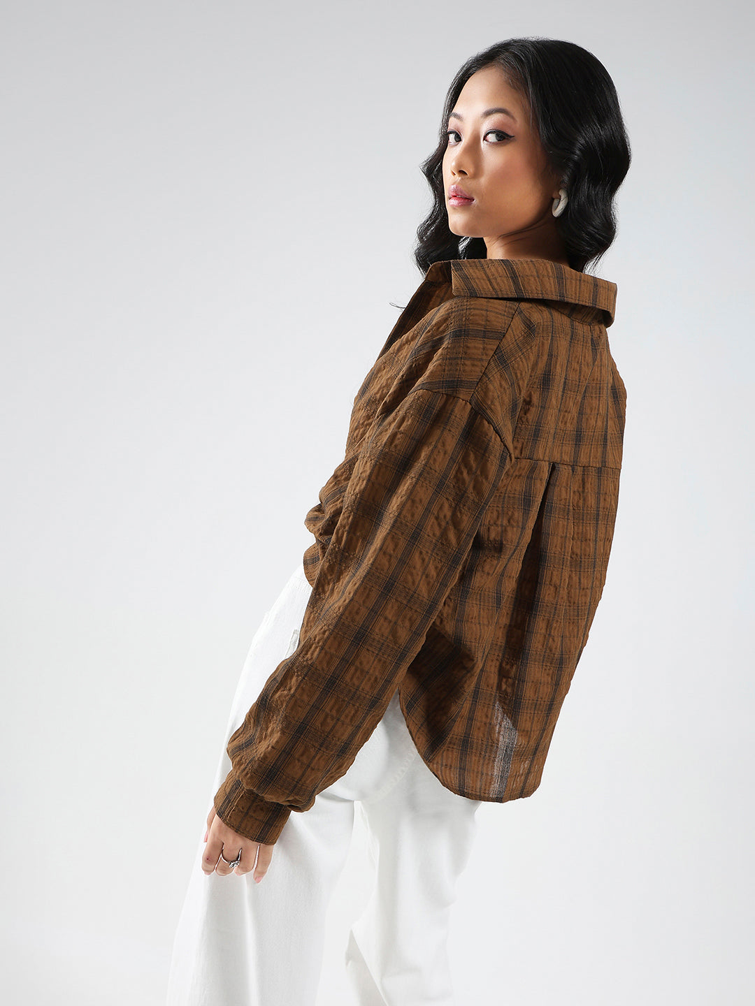 Brown Checkered Oversized Shirt with tank top and necklace
