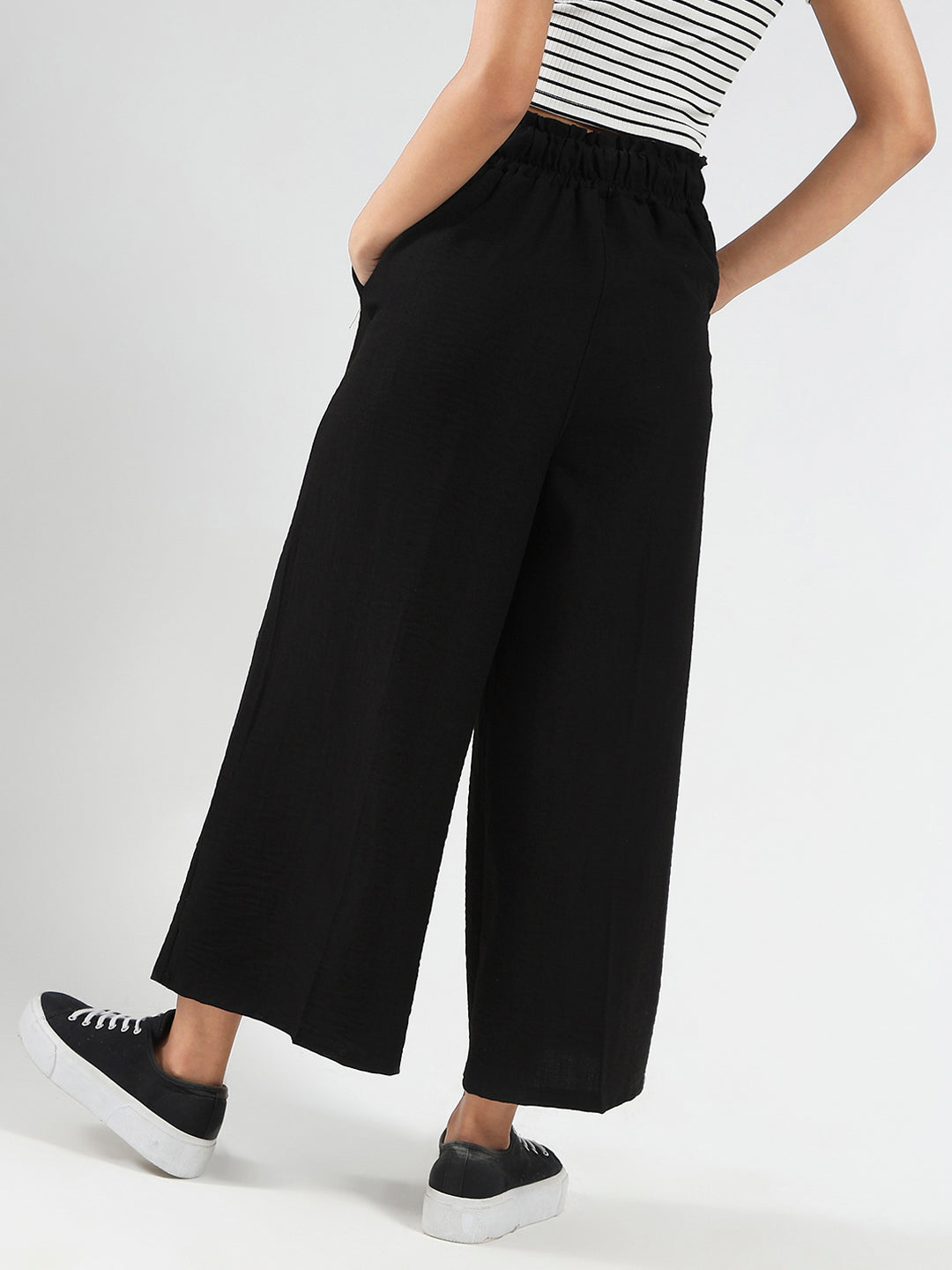 Black Cotton Nylon Wide Leg Casual Trouser