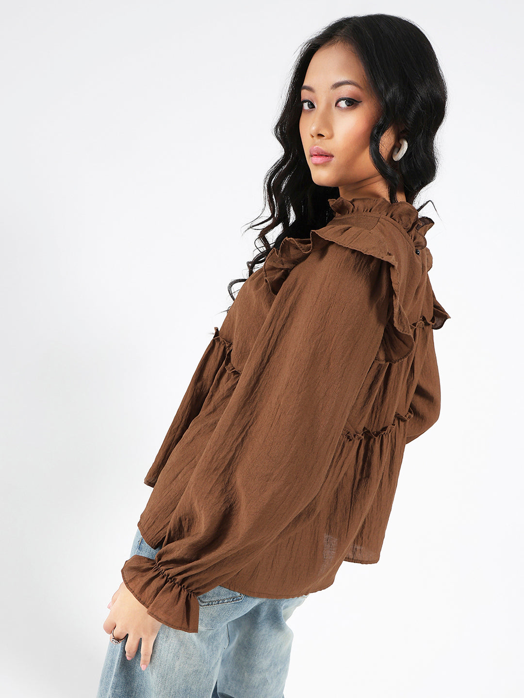 Dark Brown Ruffled Tiered Long Sleeve Flowy Top