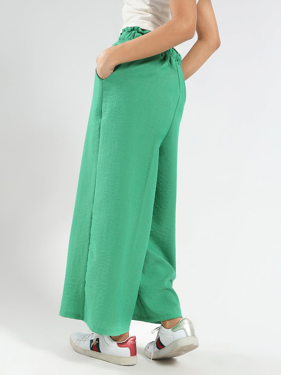 Green Cotton Nylon Wide Leg Casual Trouser