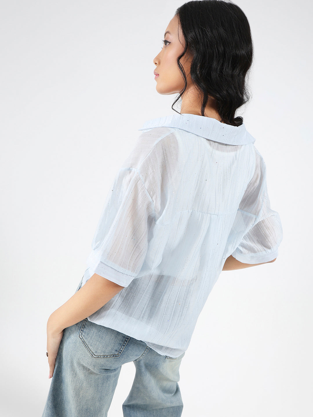 Tencel Nylon Studded Oversized Shirt with tank top and necklace