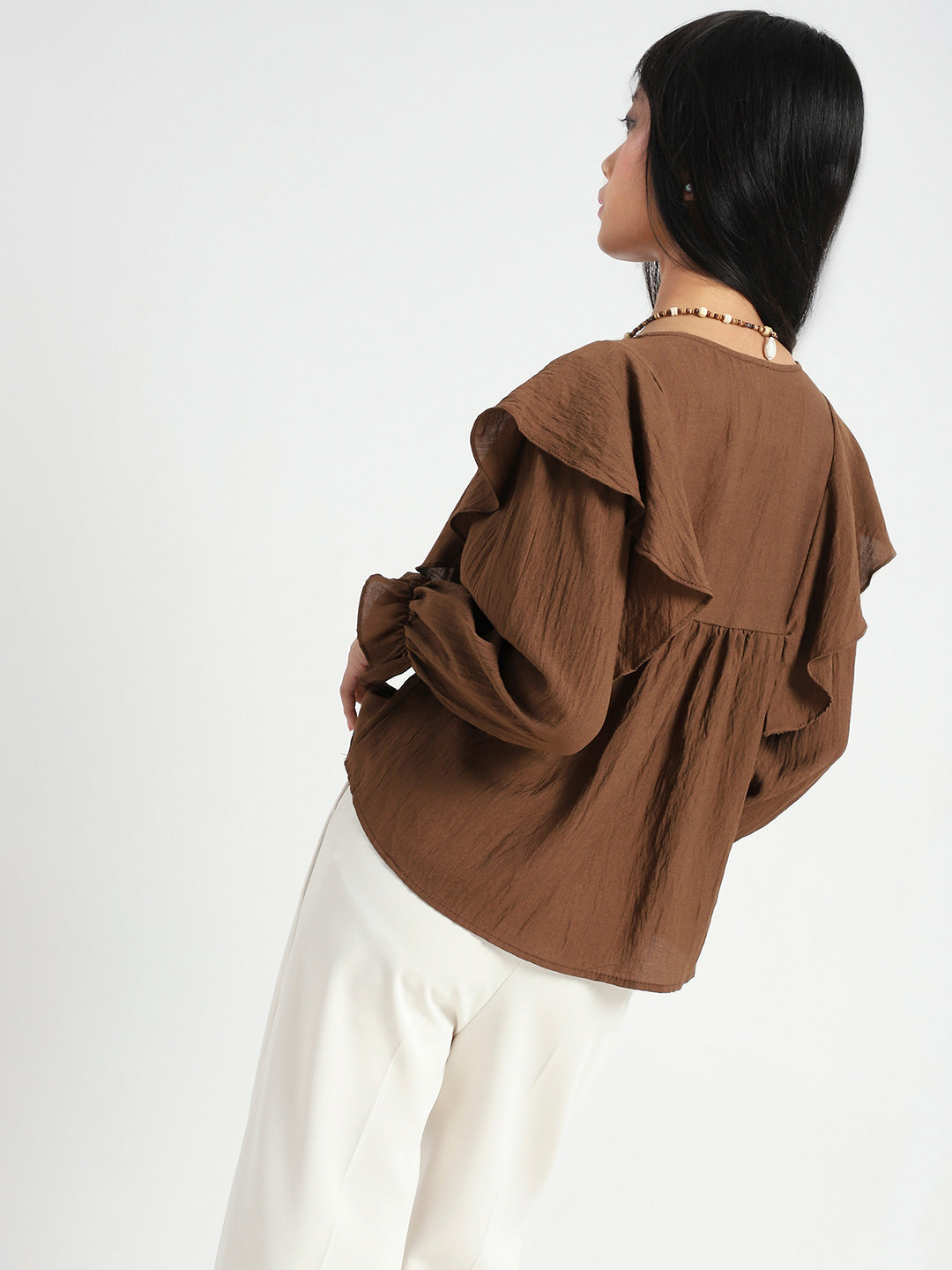 Brown Cotton Nylon Ruffle Top