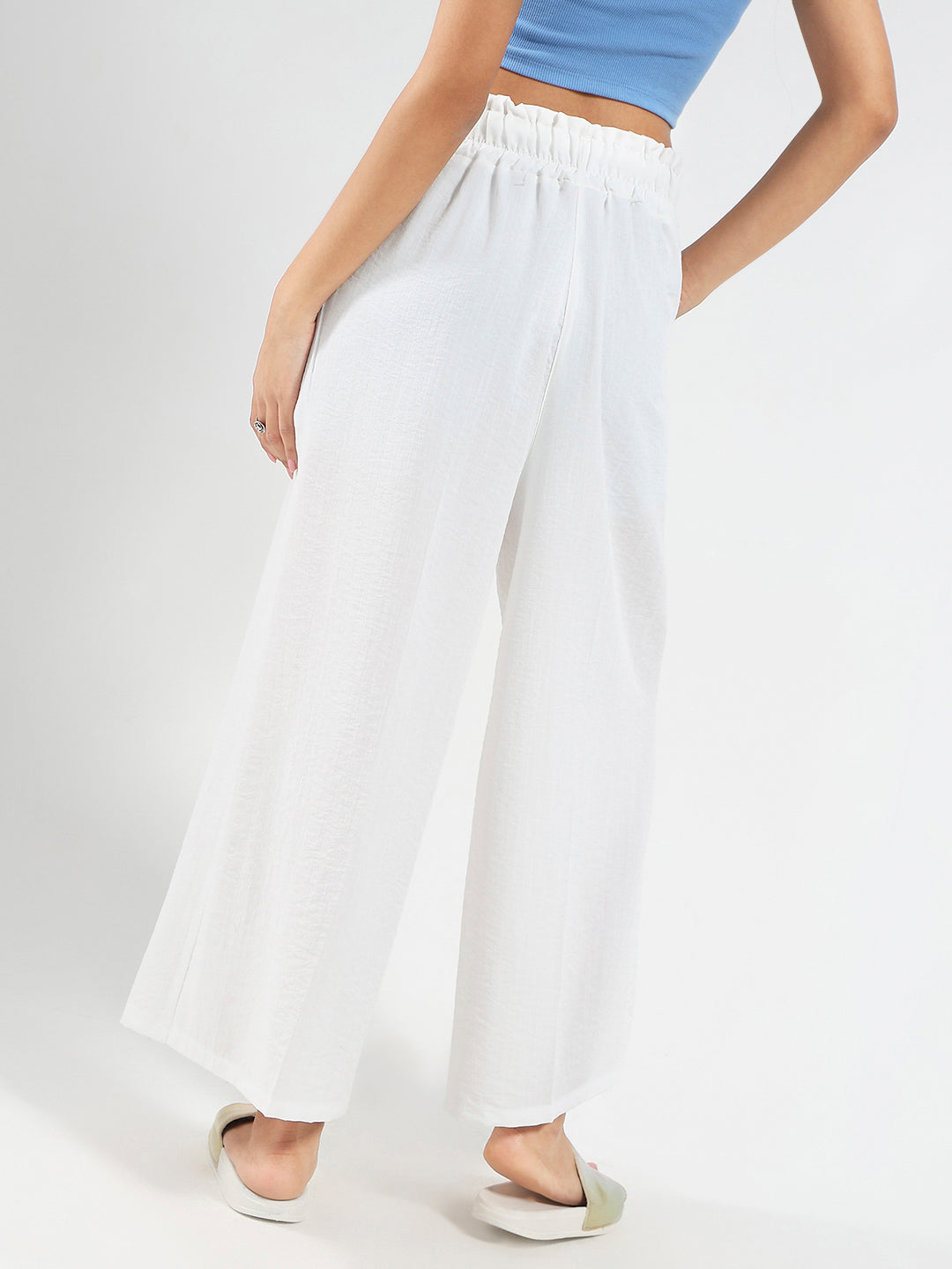 White Cotton Nylon Wide Leg Casual Trouser