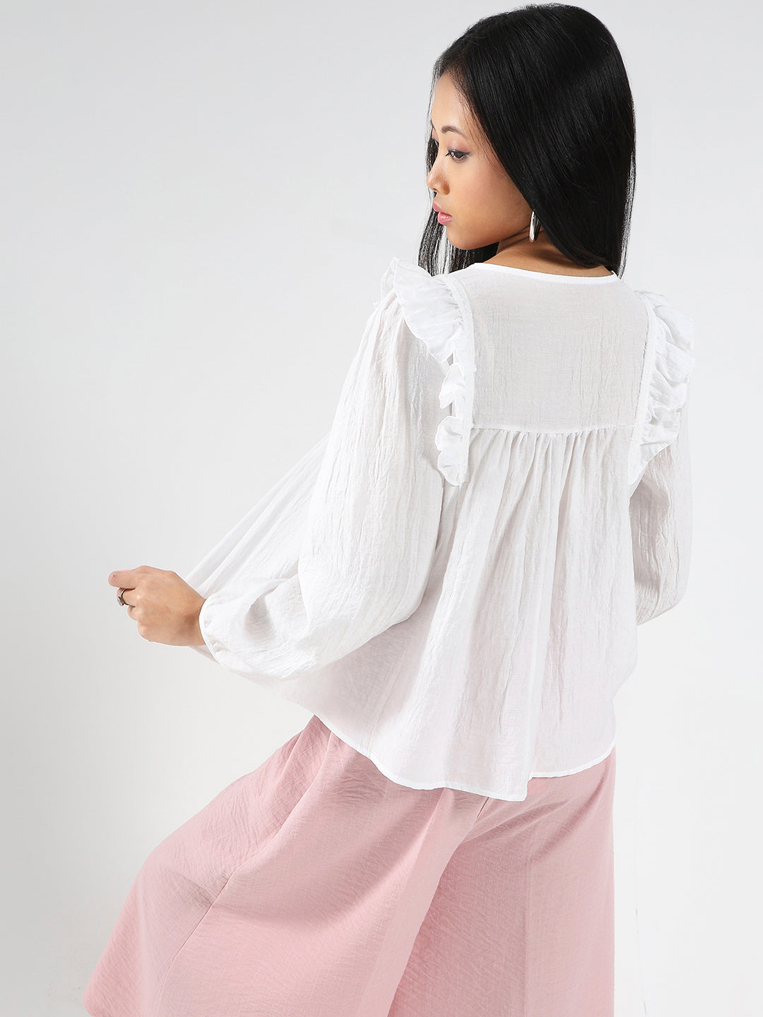 White Cotton Nylon Ruffled Button-Front Top