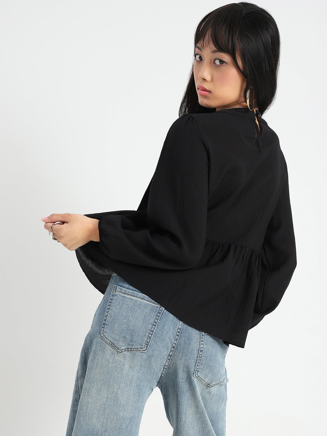 Black Bow Tie Peplum Stylish Long Sleeve Top