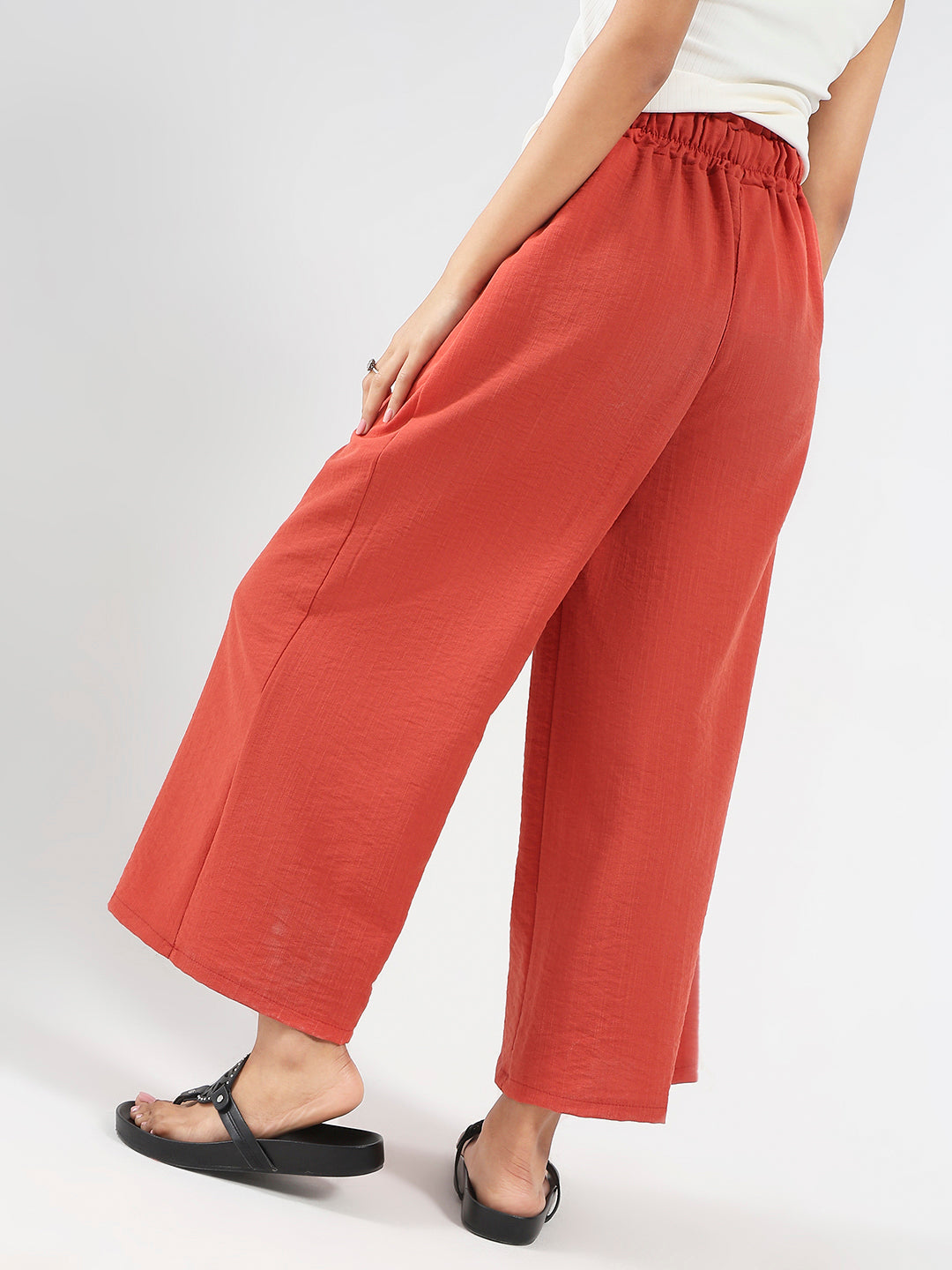 Rust Cotton Nylon Wide Leg Casual Trouser