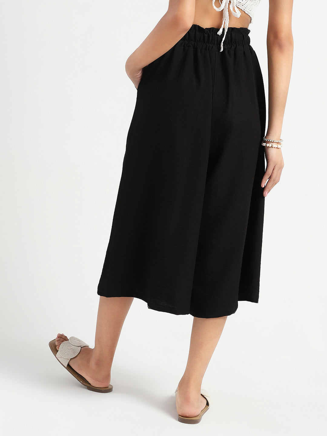 Black Cotton Nylon Wide-Leg High-Waist Capris
