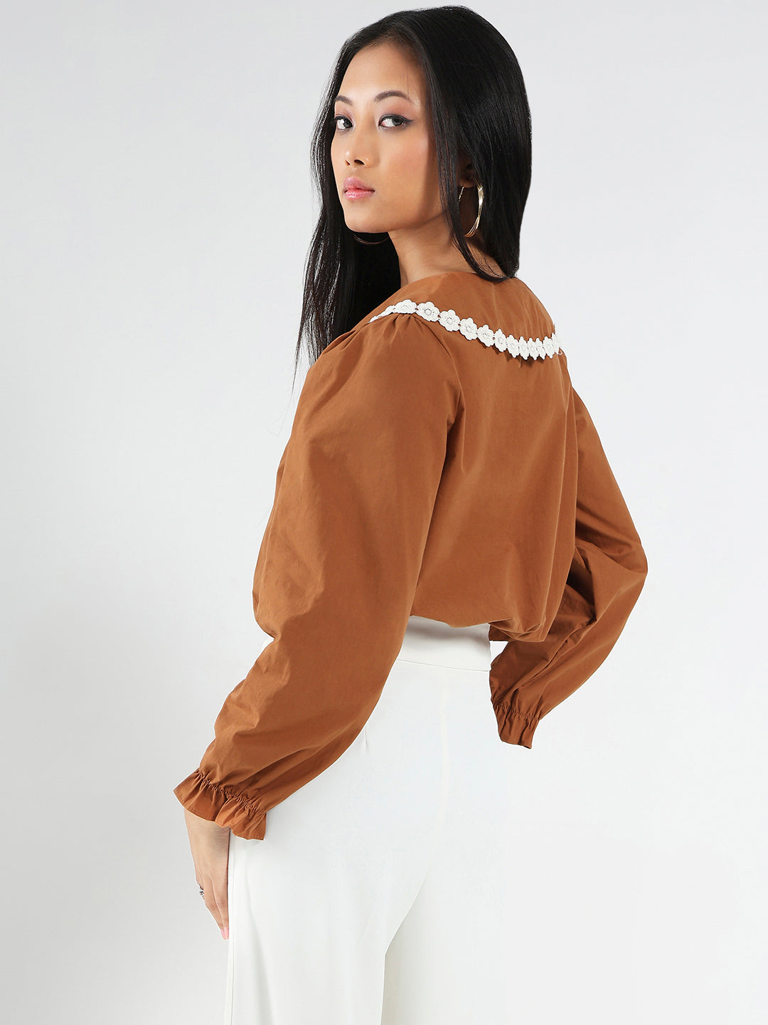 Brown Peter Pan Collar OverSize Shirt with Floral Lace