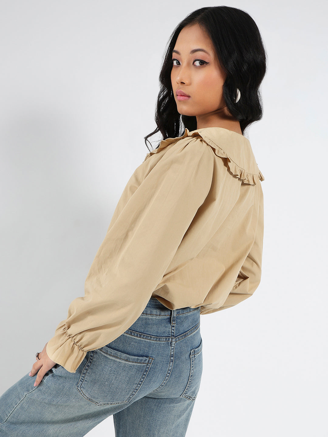 Beige Embriodered Peter Pan Collar OverSize Shirt with Floral Lace