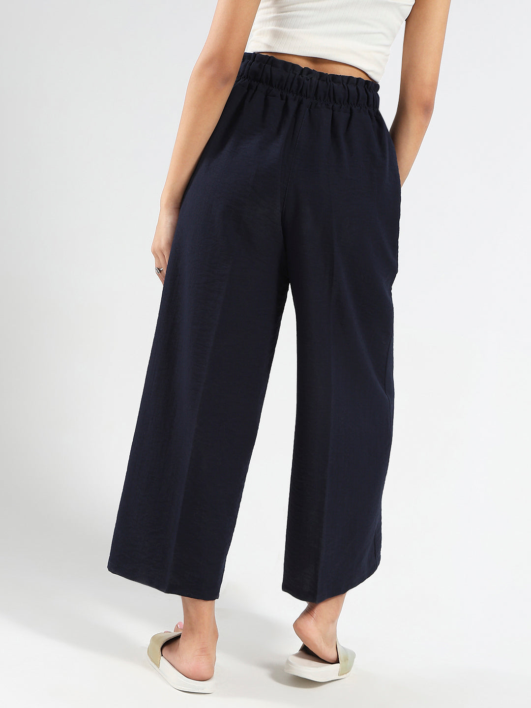 Navy Blue Cotton Nylon Wide Leg Casual Trouser
