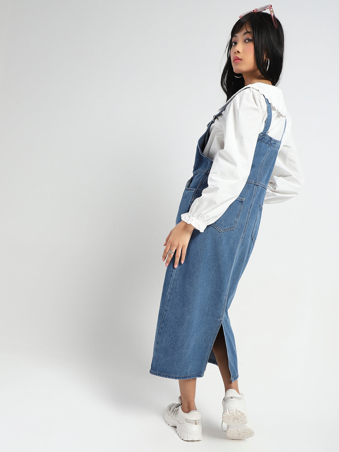 Women Navy Blue back slit Midi Dungaree