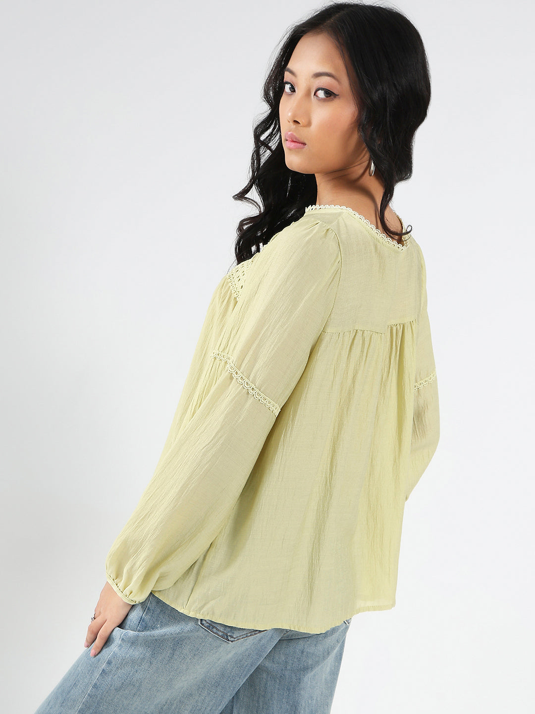 Lime Green Boho Chic Top with Lace and Tassel Tie up