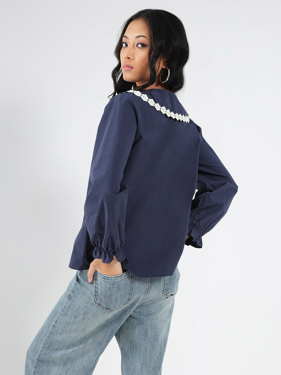 Navy Peter Pan Collar OverSize Shirt with Floral Lace