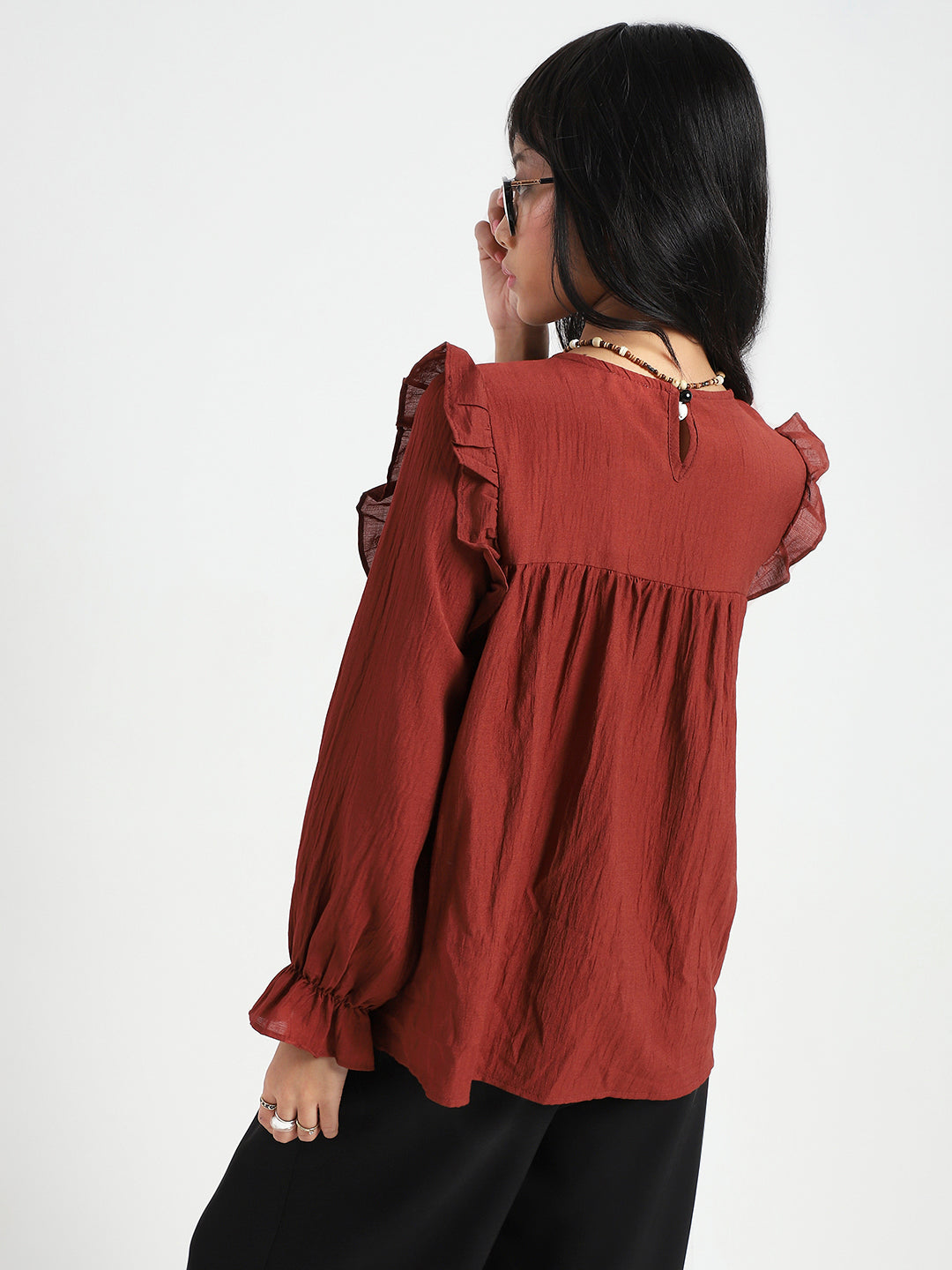 Rust Pleated Yoke Ruffle Top