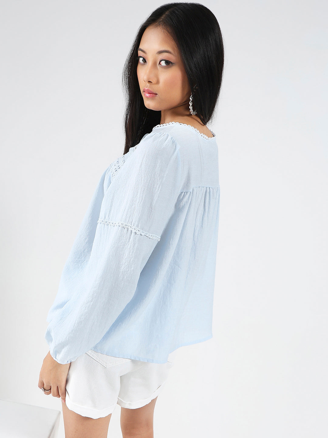 Light Blue Boho Chic Top with Lace and Tassel Tie up