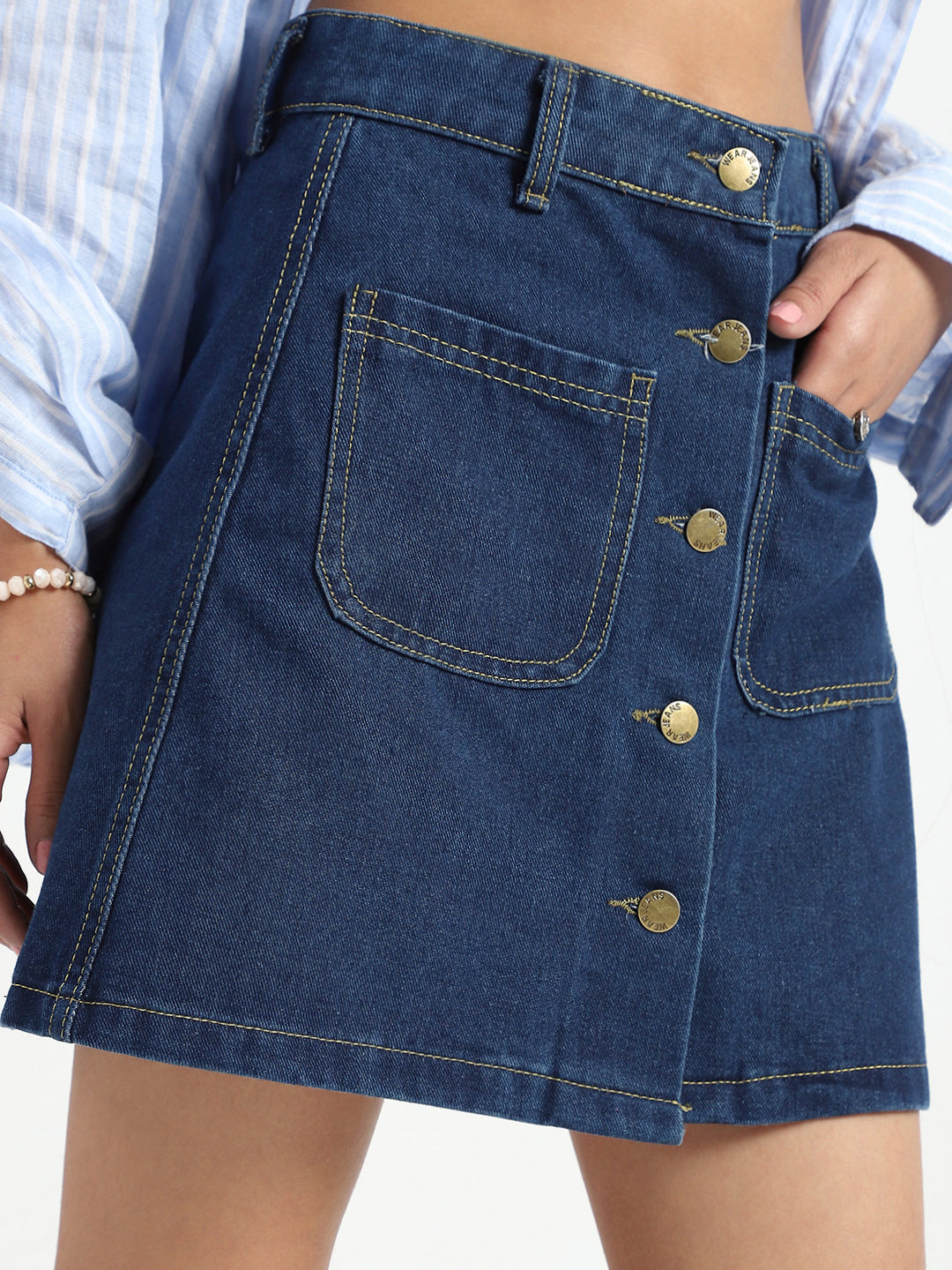 Stylish Button Front Denim Mini Skirt