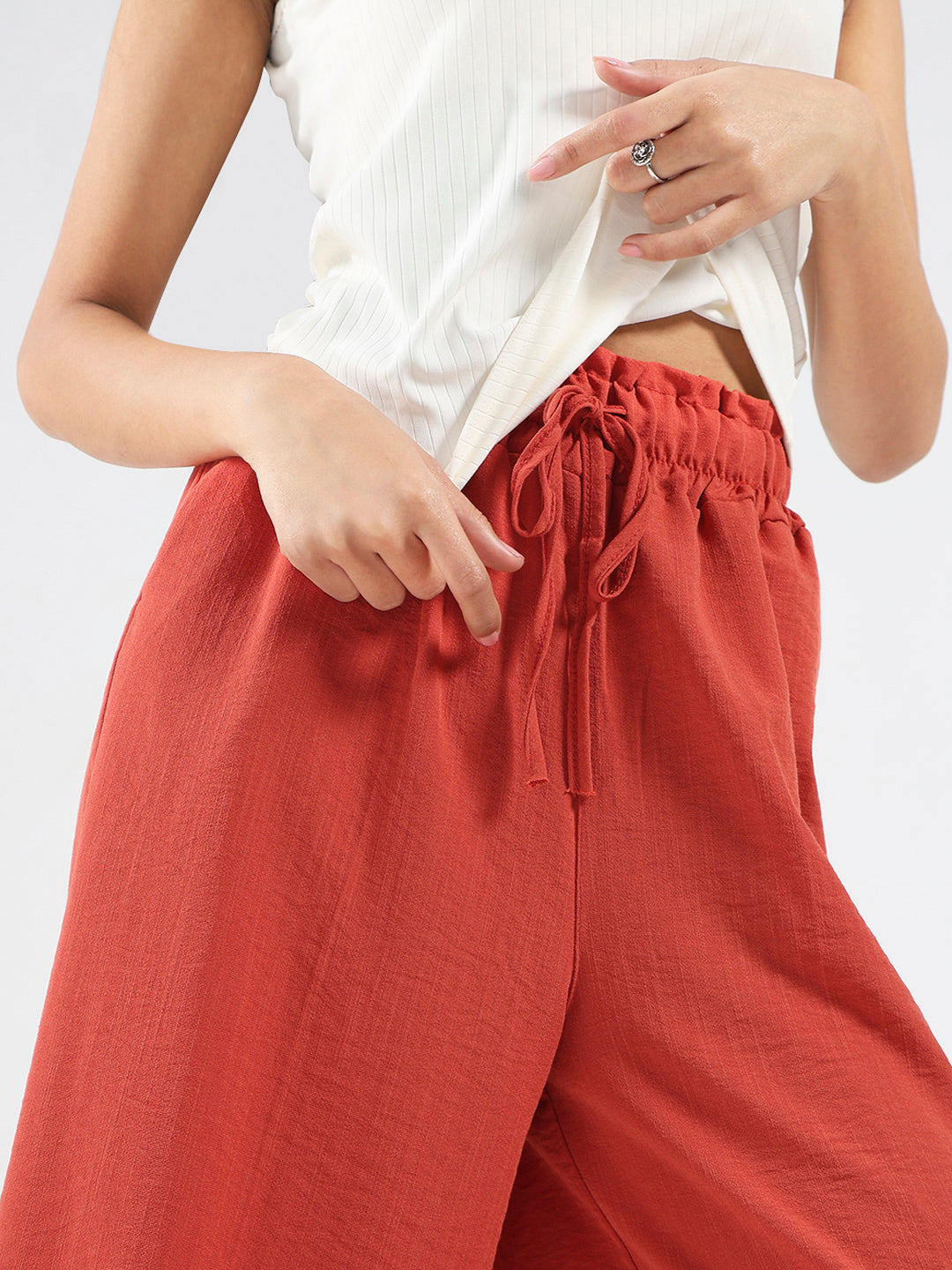 Rust Cotton Nylon Wide Leg Casual Trouser