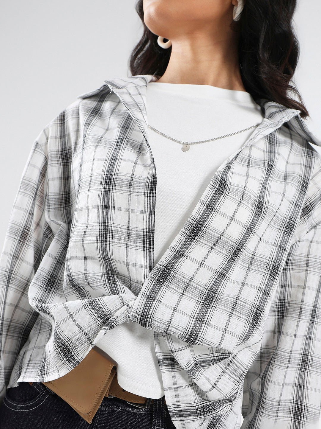 White Grey Checkered Oversized Shirt with tank top and necklace
