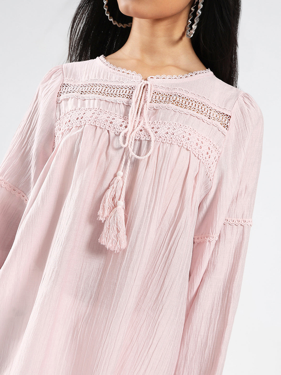 Pink Boho Chic Top with Lace and Tassel Tie up