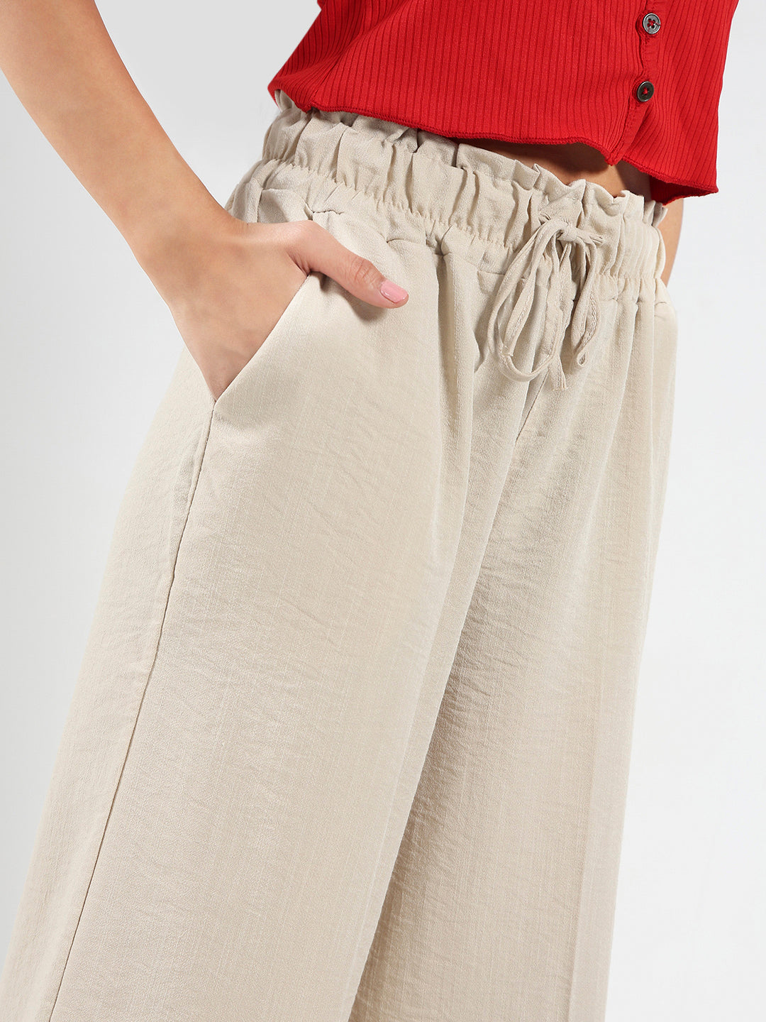 Beige Cotton Nylon Wide Leg Casual Trouser