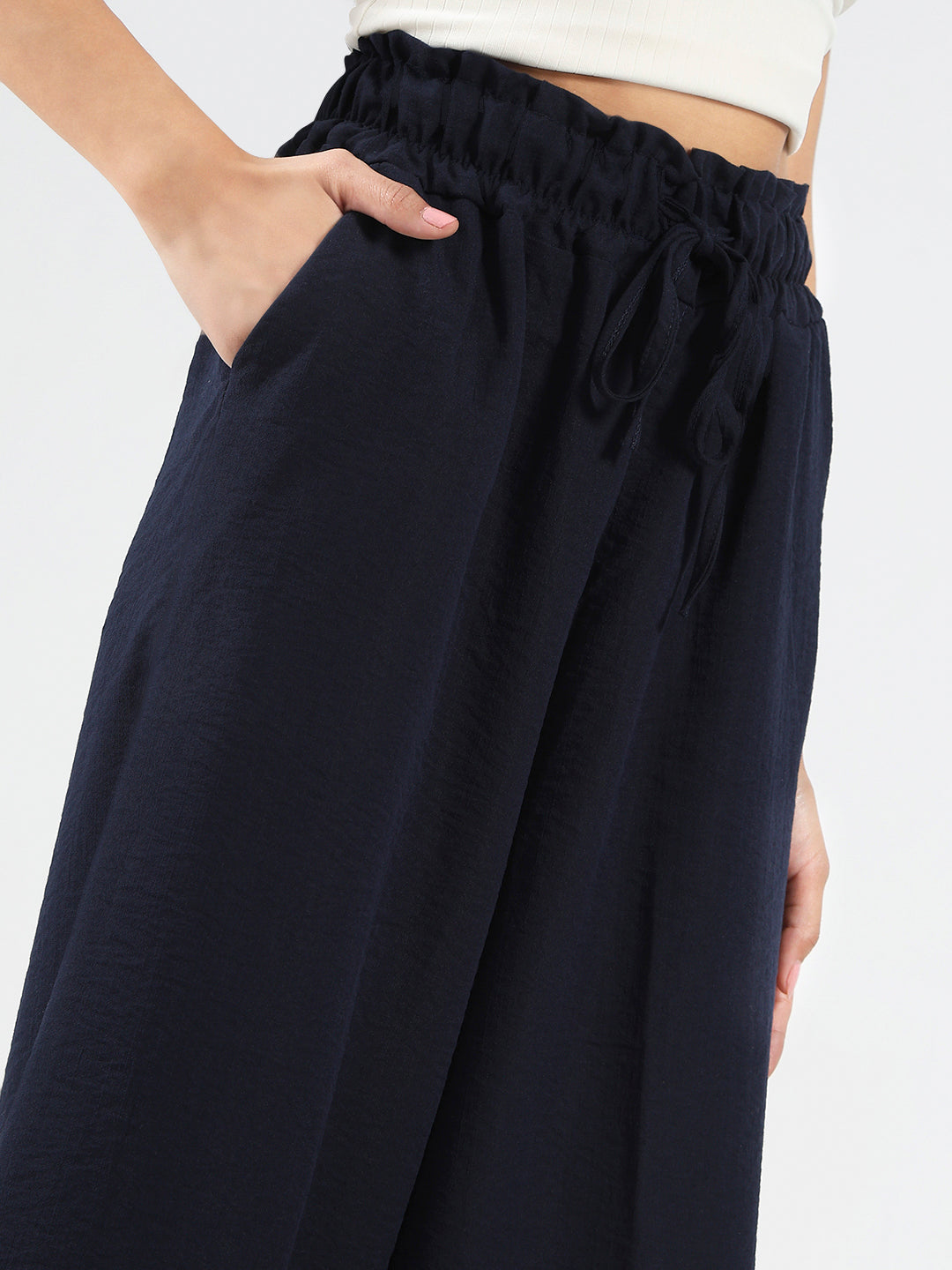 Navy Blue Cotton Nylon Wide Leg Casual Trouser