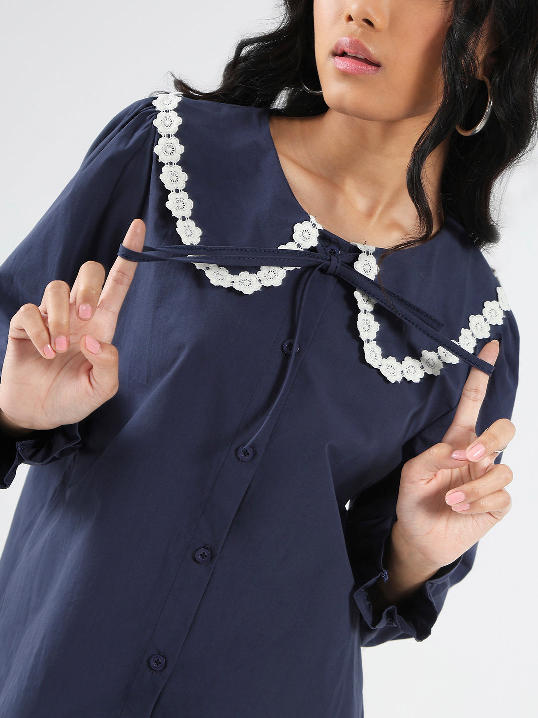 Navy Peter Pan Collar OverSize Shirt with Floral Lace