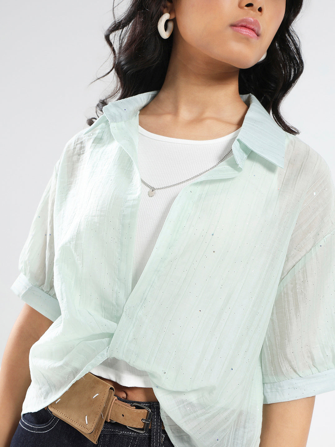 Tencel Nylon Studded Oversized Shirt with tank top and necklace