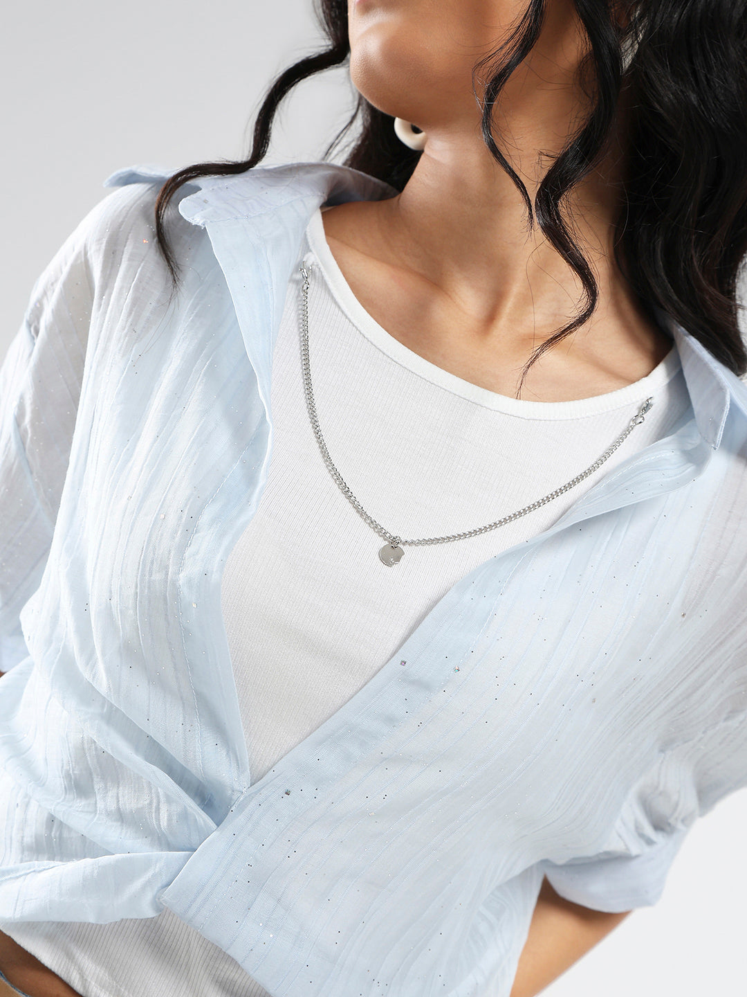 Tencel Nylon Studded Oversized Shirt with tank top and necklace