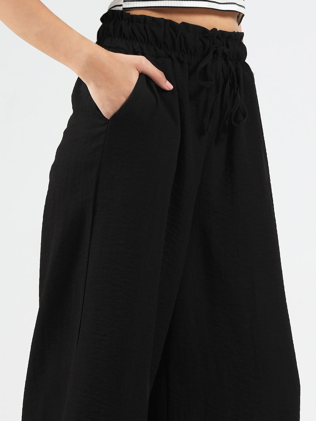 Black Cotton Nylon Wide Leg Casual Trouser