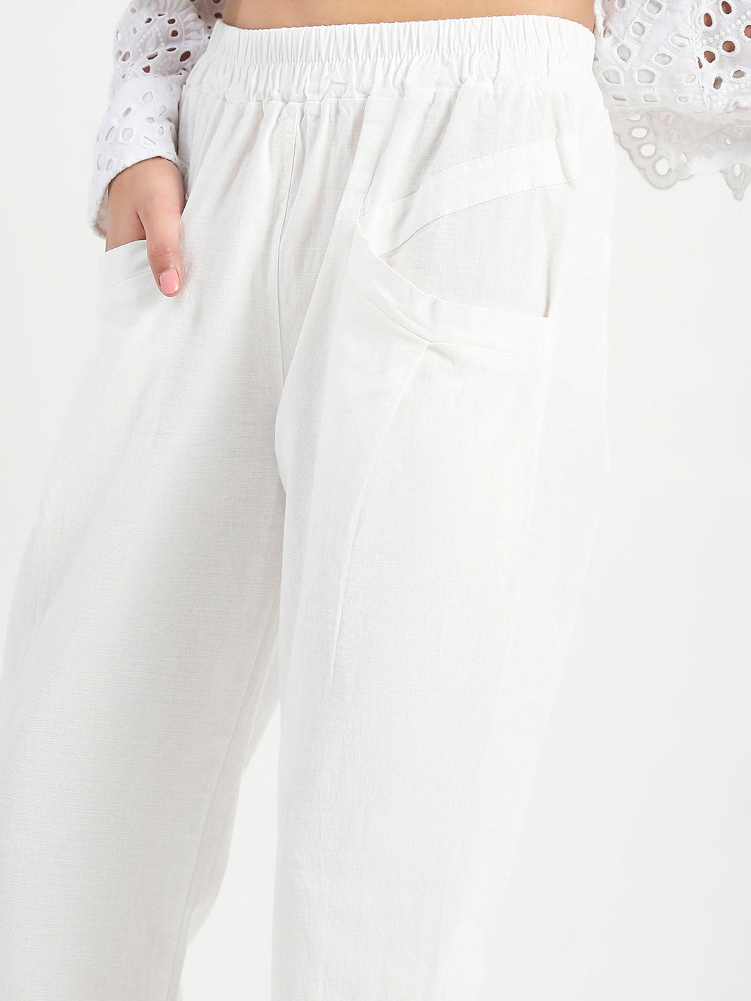 White Cotton Nylon Stylish Casual Trouser