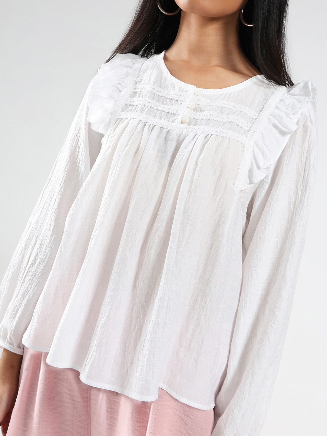 White Cotton Nylon Ruffled Button-Front Top