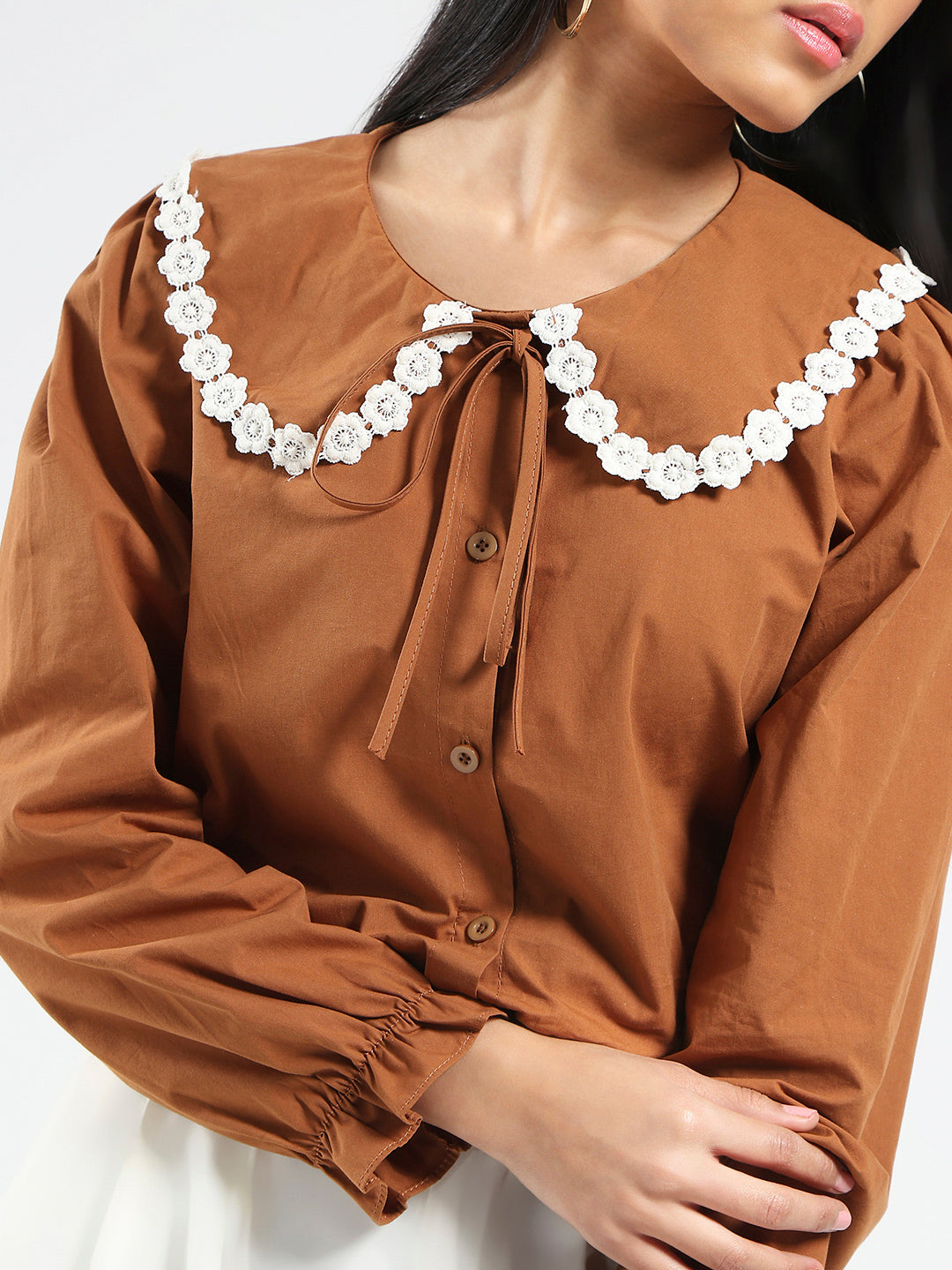 Brown Peter Pan Collar OverSize Shirt with Floral Lace