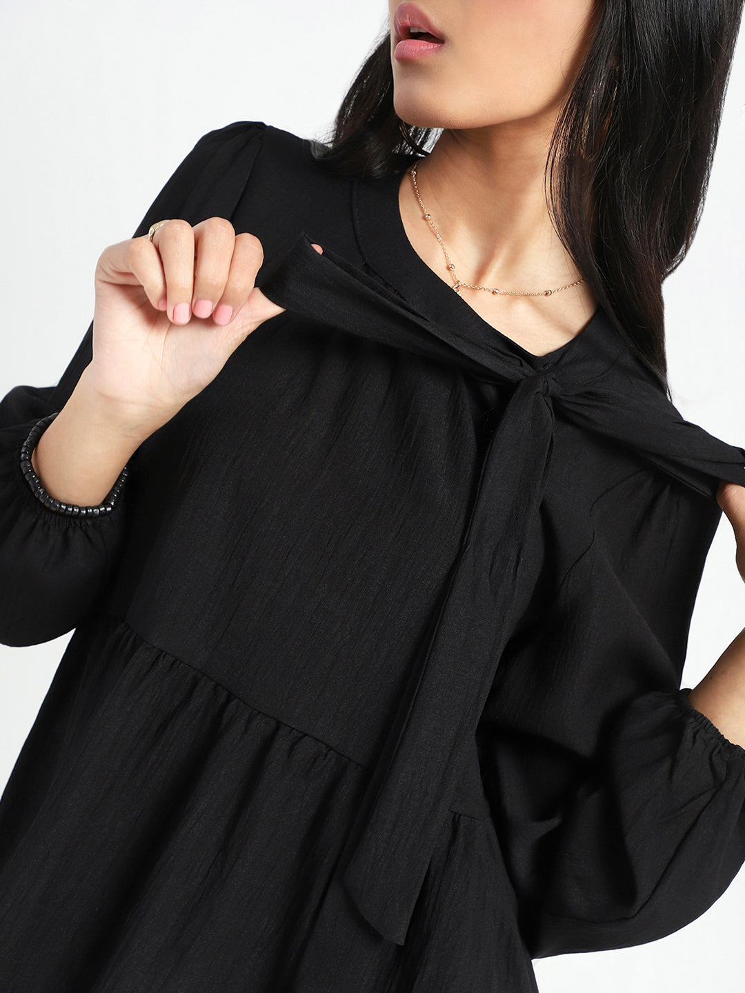Black Bow Tie Peplum Stylish Long Sleeve Top
