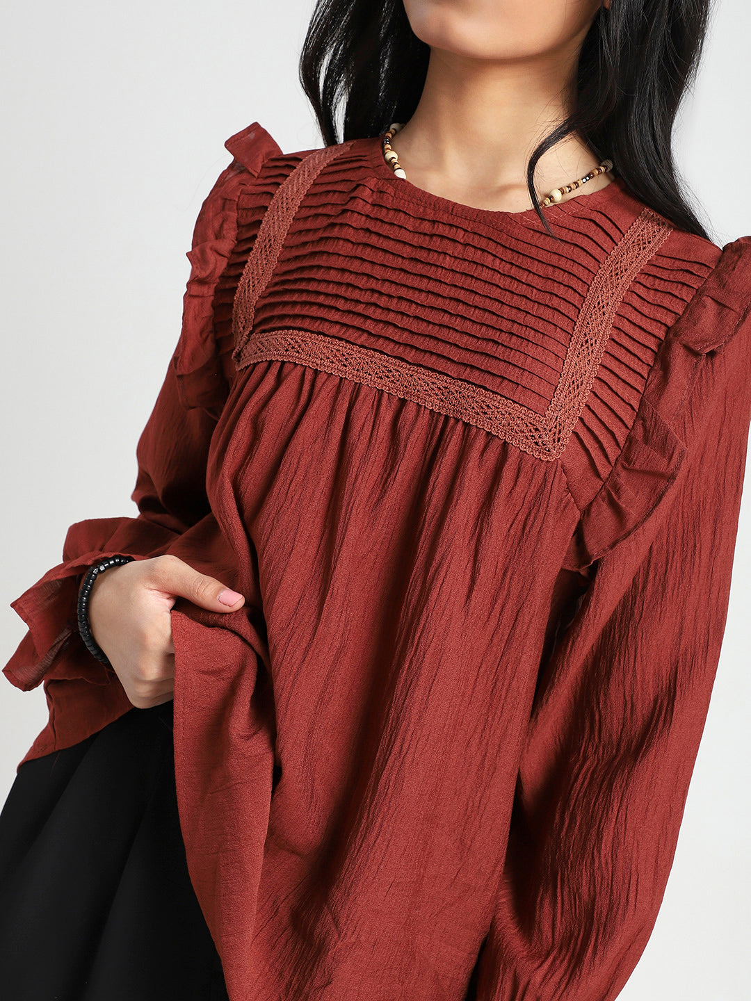 Rust Pleated Yoke Ruffle Top