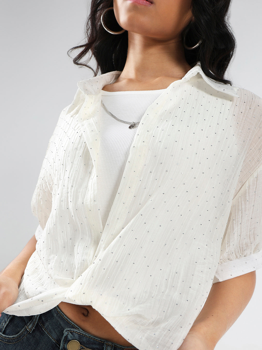 Oversized Studded Shirt Shirt with tank top and Necklace
