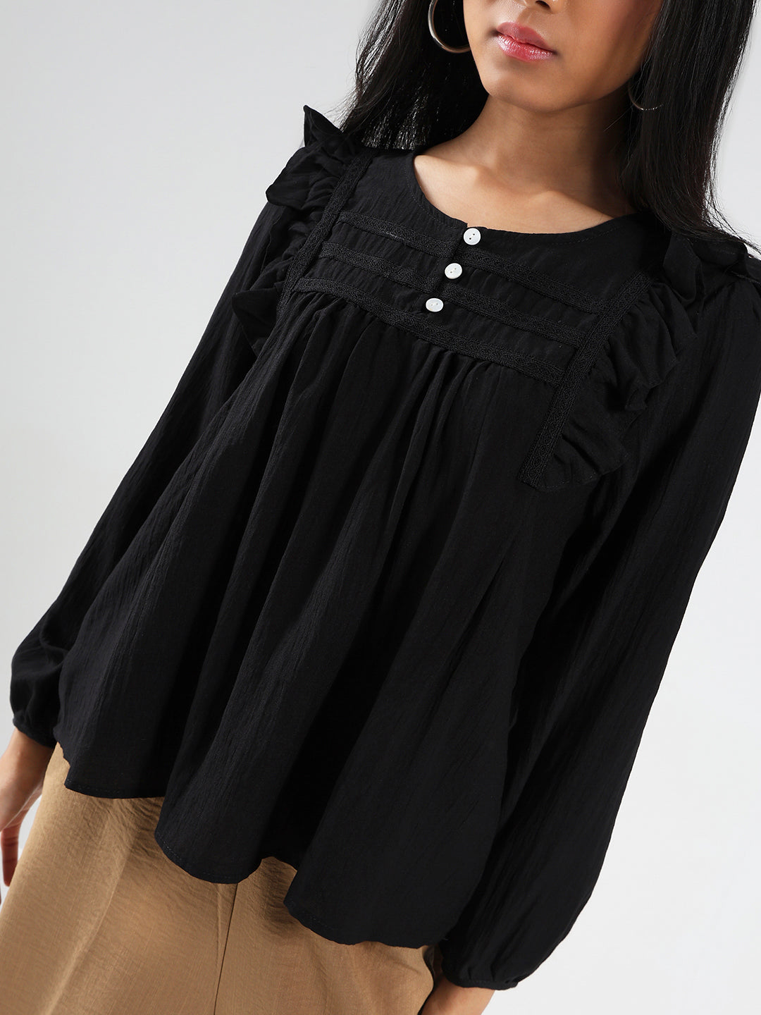 Black Cotton Nylon Ruffled Button-Front Top