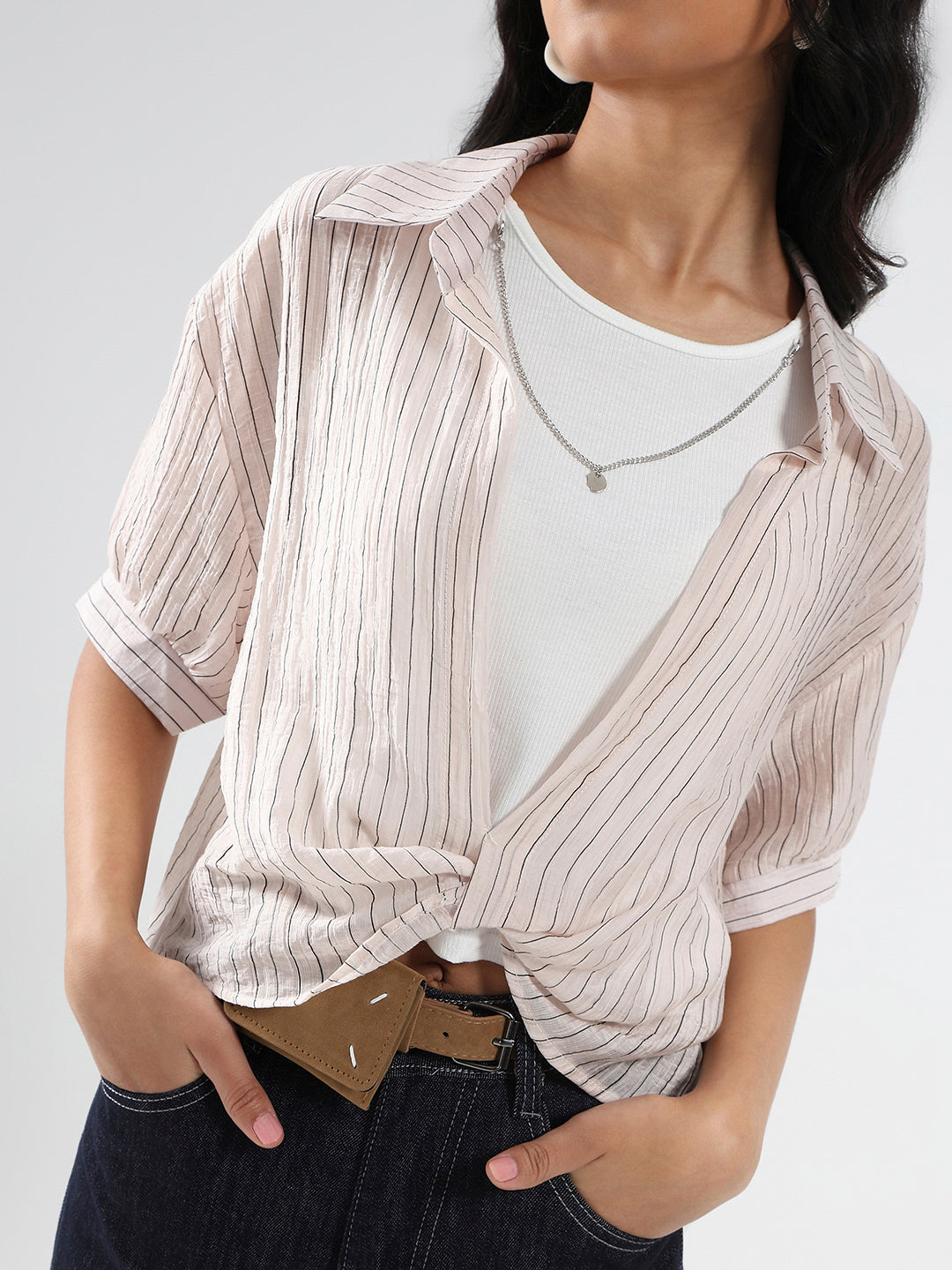 Blush Pink Striped  Oversized Top with inner tank top and necklace