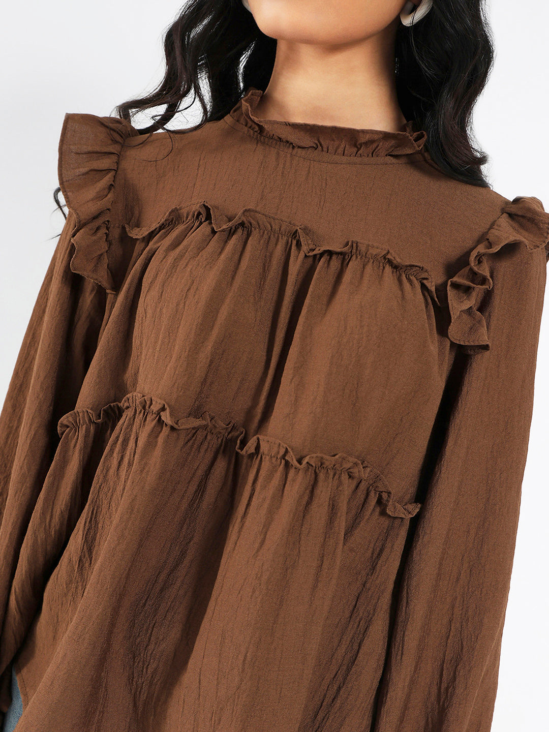 Dark Brown Ruffled Tiered Long Sleeve Flowy Top