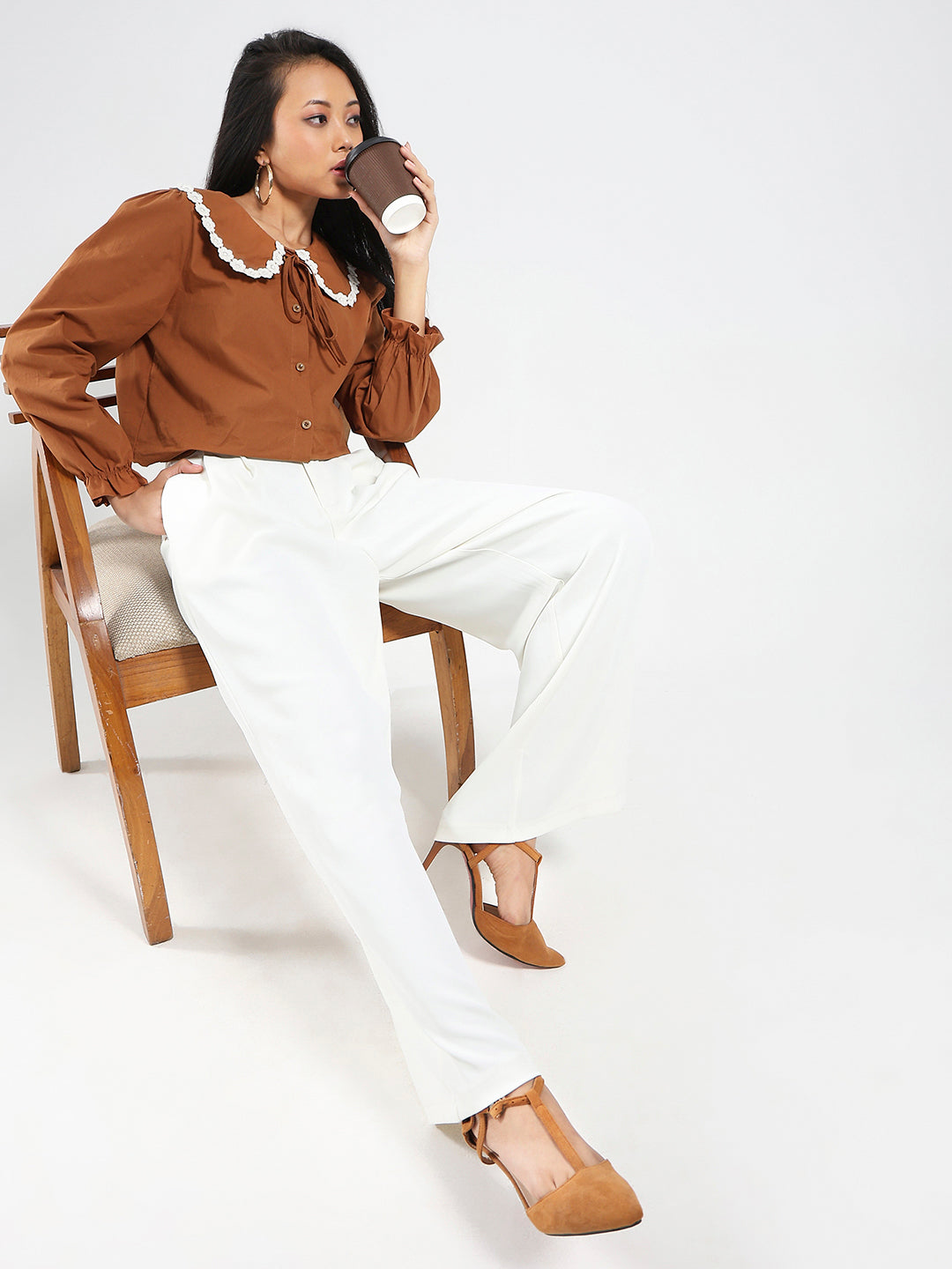 Brown Peter Pan Collar OverSize Shirt with Floral Lace