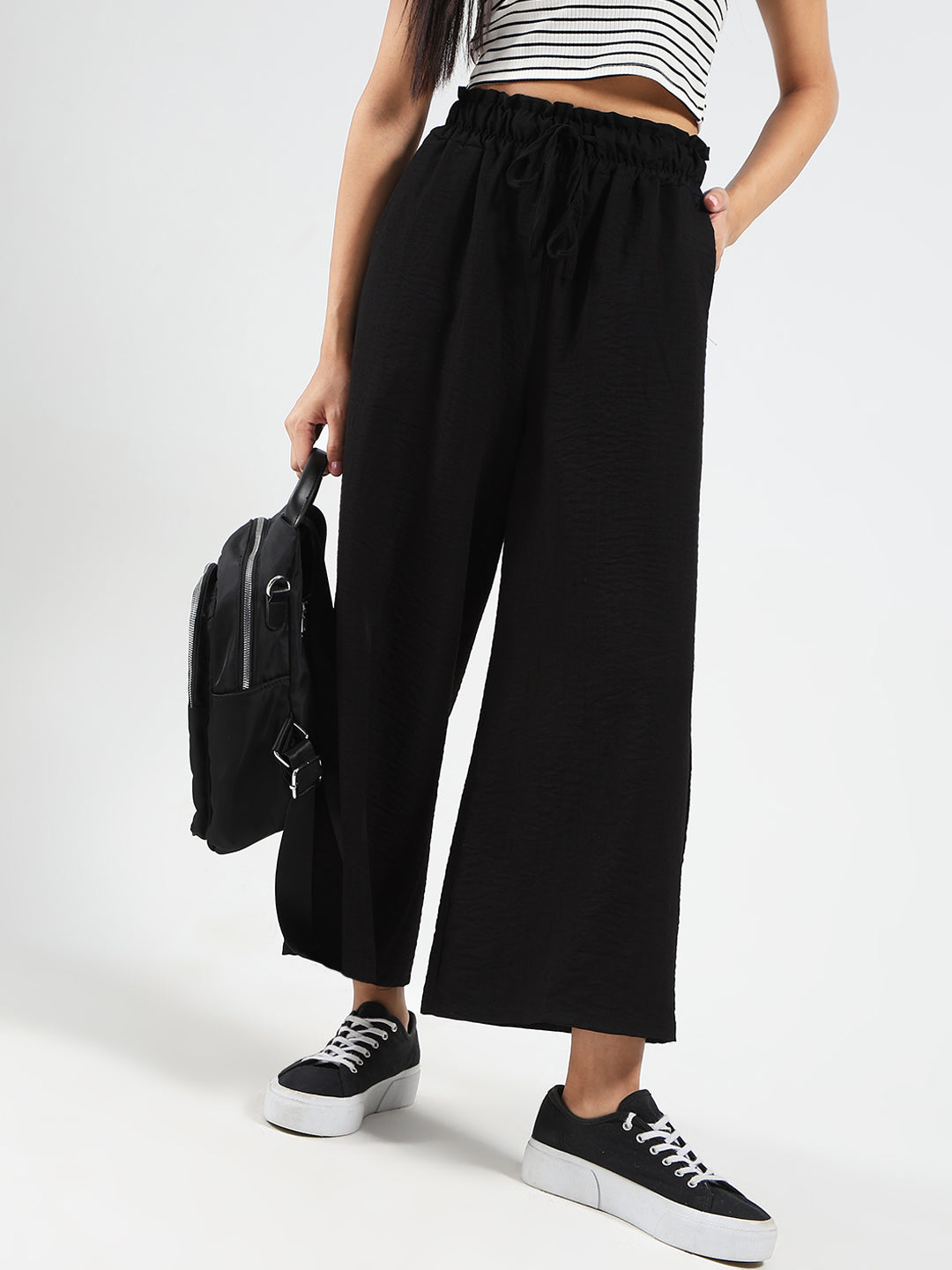 Black Cotton Nylon Wide Leg Casual Trouser