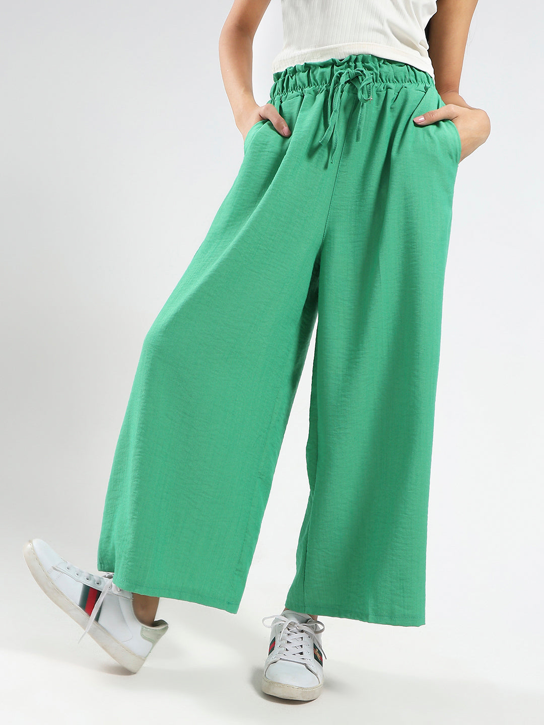 Green Cotton Nylon Wide Leg Casual Trouser
