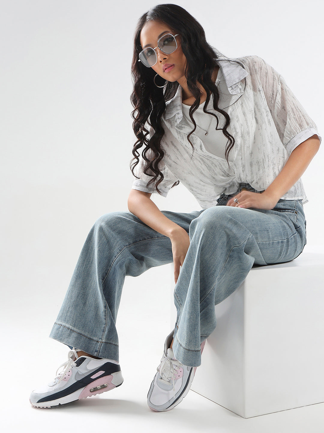White Tencel Nylon Oversized Shirt with tank top and Necklace