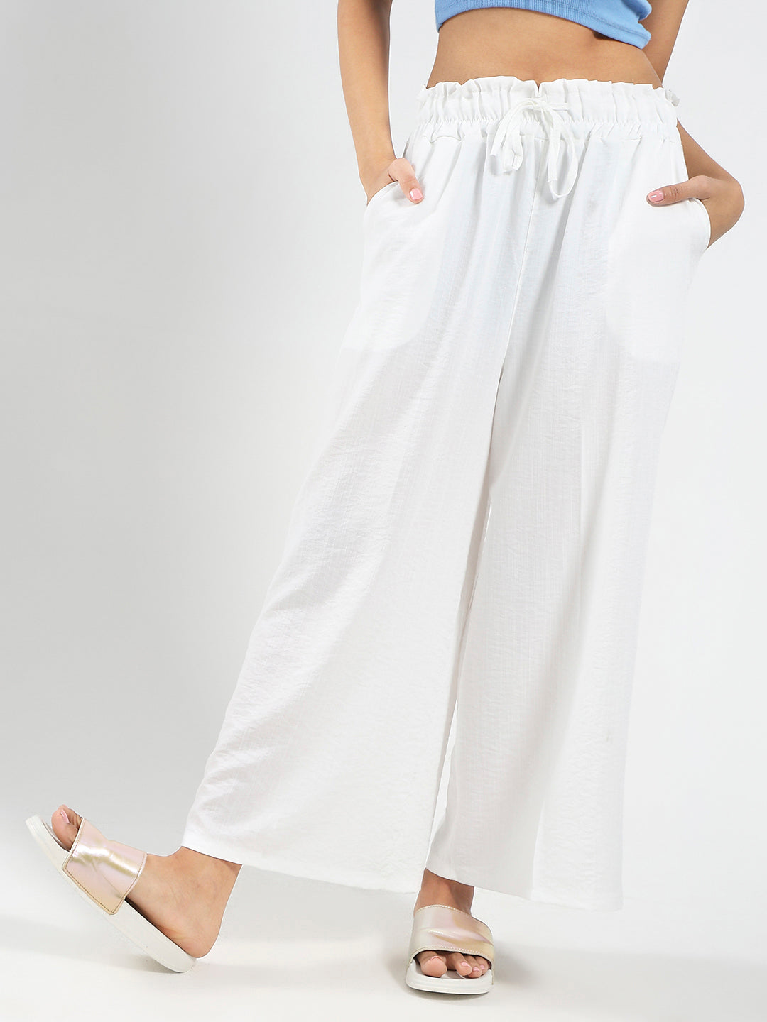 White Cotton Nylon Wide Leg Casual Trouser
