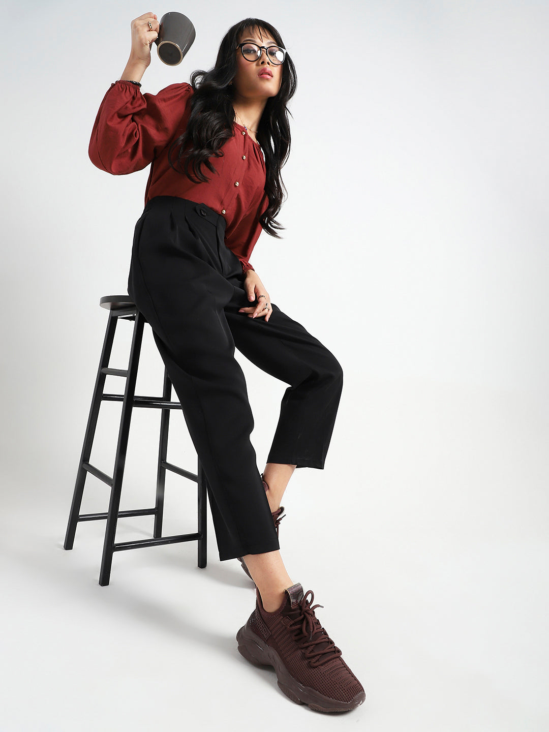 Rust Cotton Nylon Puff Sleeve Top