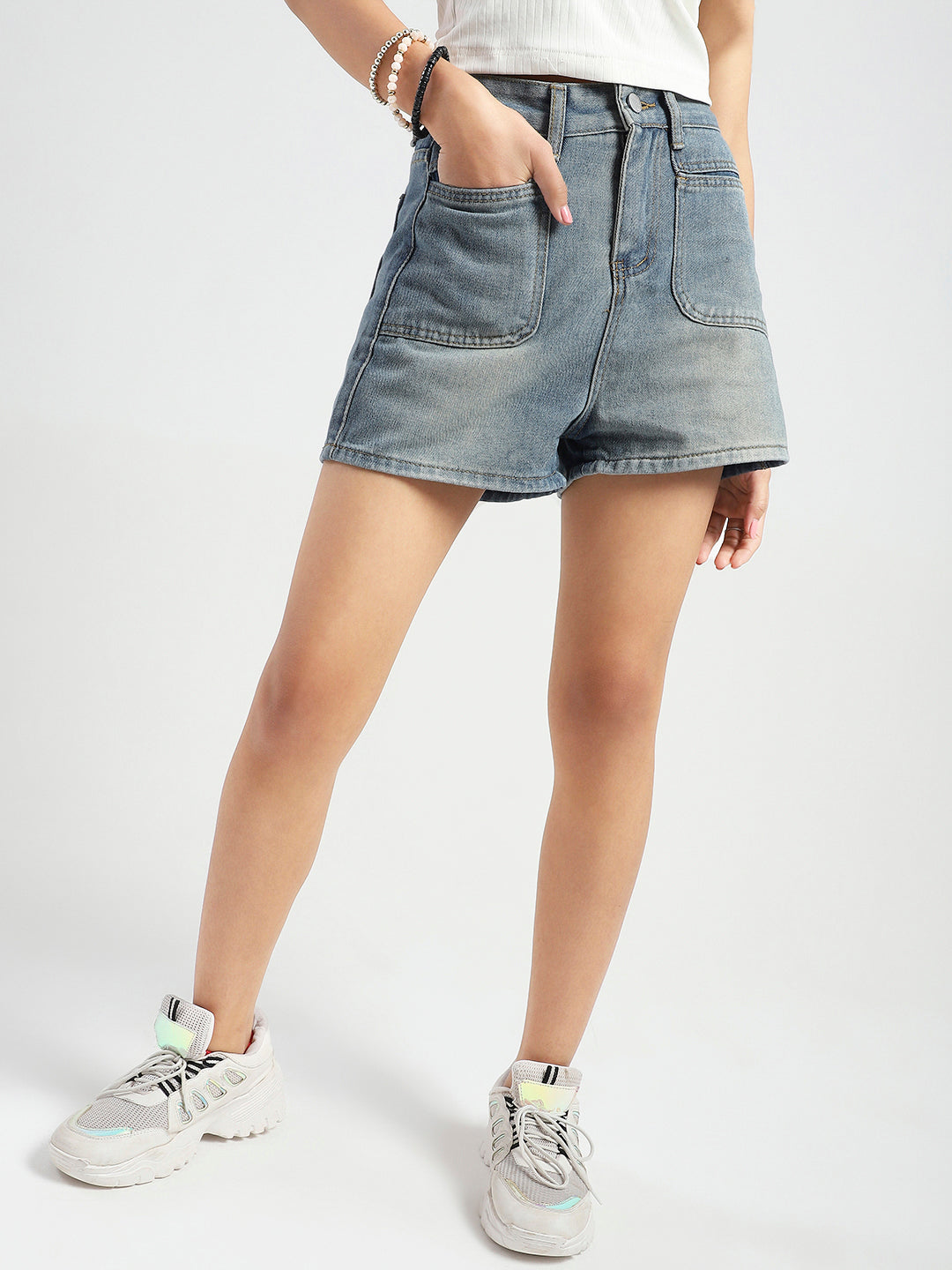 High Rise Double Pocket Vintage Denim Shorts
